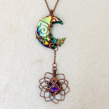 Load image into Gallery viewer, Titanium Aura Quartz Moon x Amethyst Sunflower Dangle Pendant