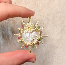 Load image into Gallery viewer, Mother of Pearl Moon x Pink & Green Tourmaline beaded Sun Pendant