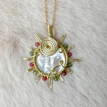 Load image into Gallery viewer, Mother of Pearl Moon x Pink & Green Tourmaline beaded Sun Pendant