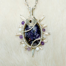 Load image into Gallery viewer, Feather Lepidolite x Tourmaline Beaded Sun Pendant
