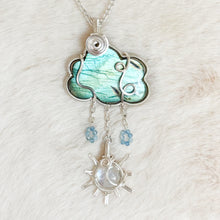 Load image into Gallery viewer, Labradorite Cloud x Aquamarine x Rainbow Moonstone Sun Pendant
