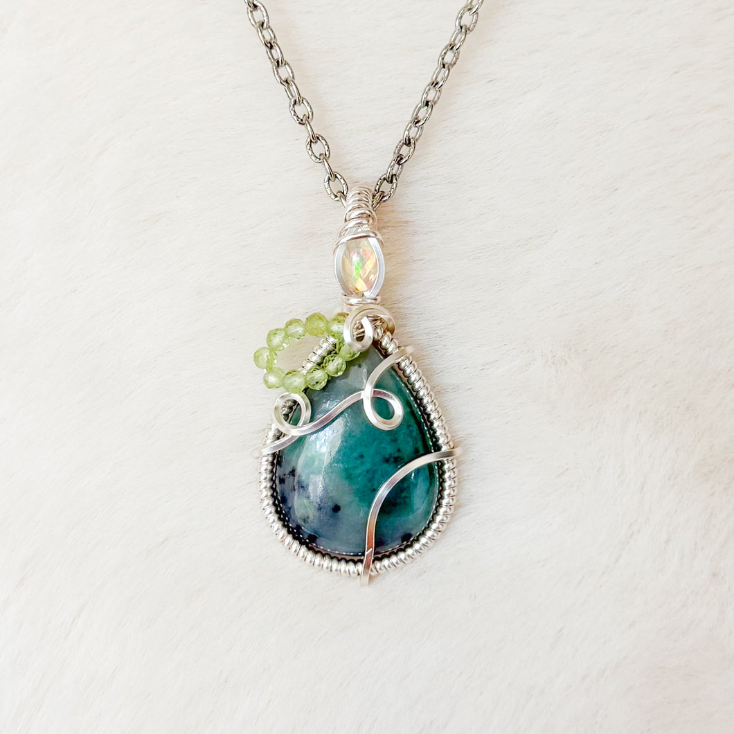 Last Ever Pear Pendant- Opal, emerald, peridot