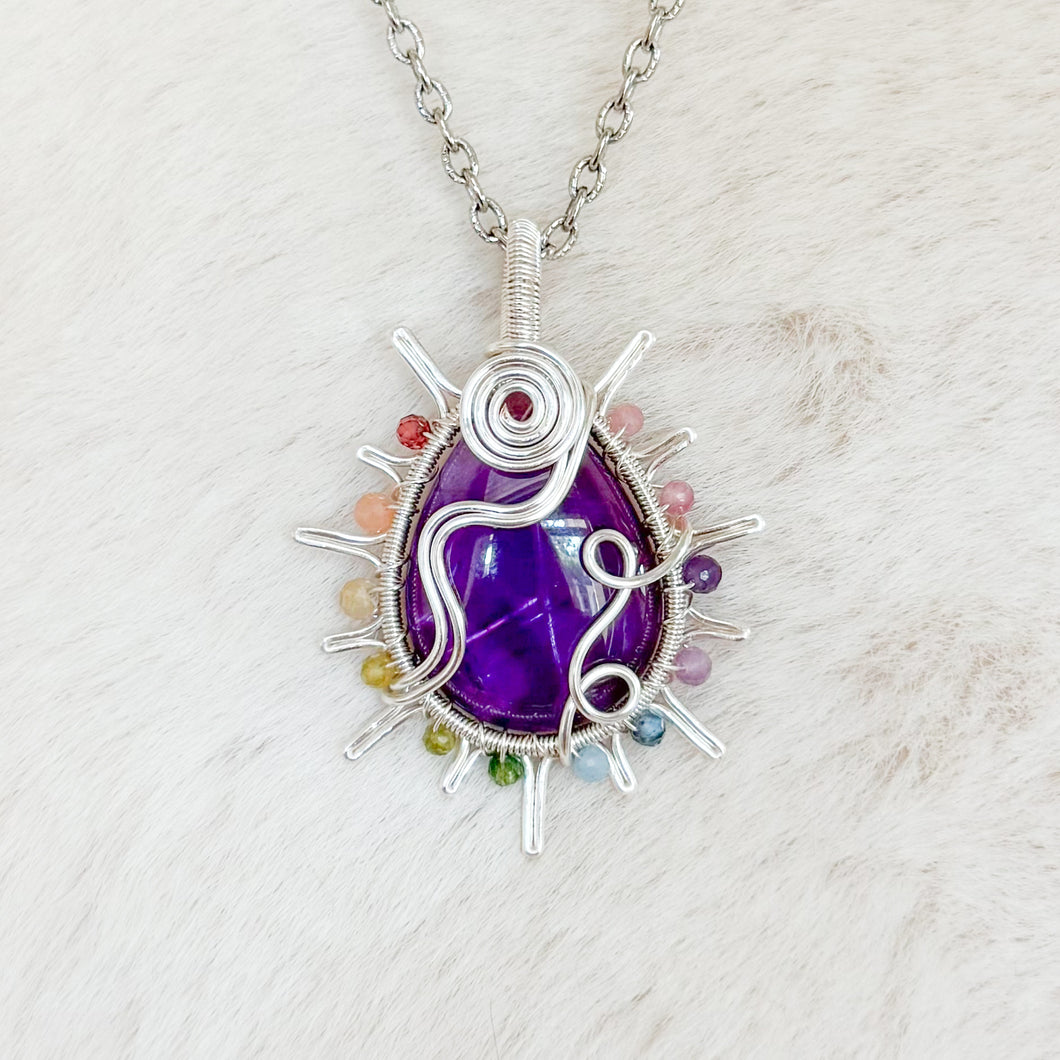 Amethyst x Rainbow Tourmaline beaded Sun Pendant