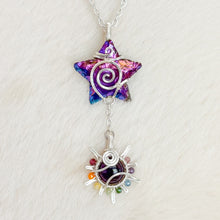 Load image into Gallery viewer, Titanium Aura Quartz Star x Amethyst Rainbow Tourmaline beaded Sun Pendant
