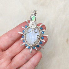 Load image into Gallery viewer, Opal x Rainbow Moonstone x Blue Tourmaline beaded Sun Pendant
