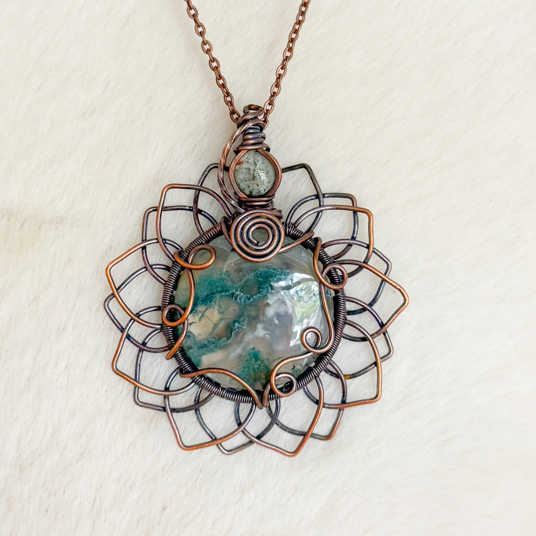 Moss Agate Double Sunflower Pendant