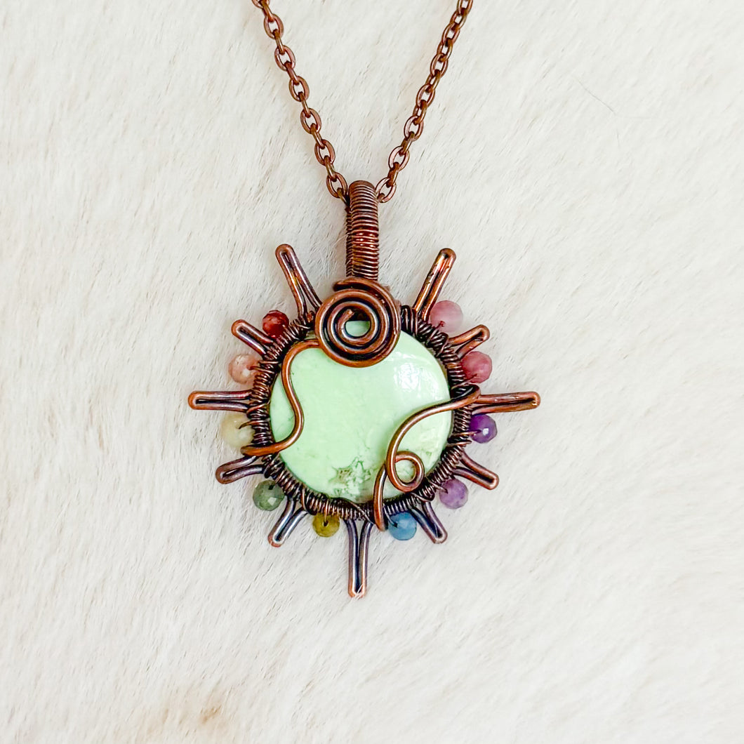 Chrysoprase x Rainbow Tourmaline Beaded Sun Pendant