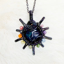 Load image into Gallery viewer, Moon Face x Rainbow Tourmaline beaded Sun Pendant
