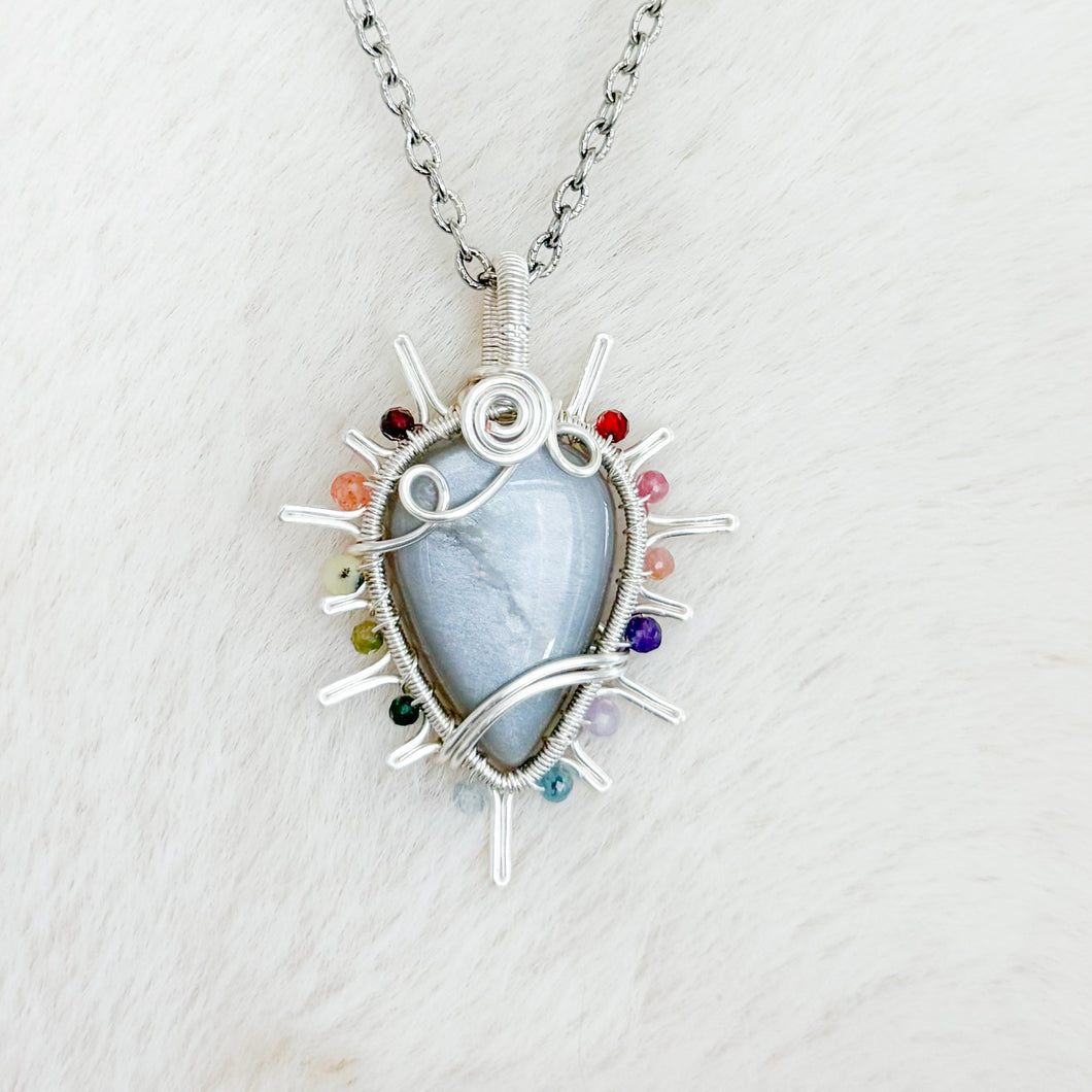 Moonstone x Rainbow Tourmaline Beaded Sun Pendant