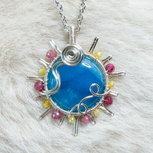 Load image into Gallery viewer, Hemimorphite x Pink &amp; Yellow Tourmaline beaded Sun Pendant
