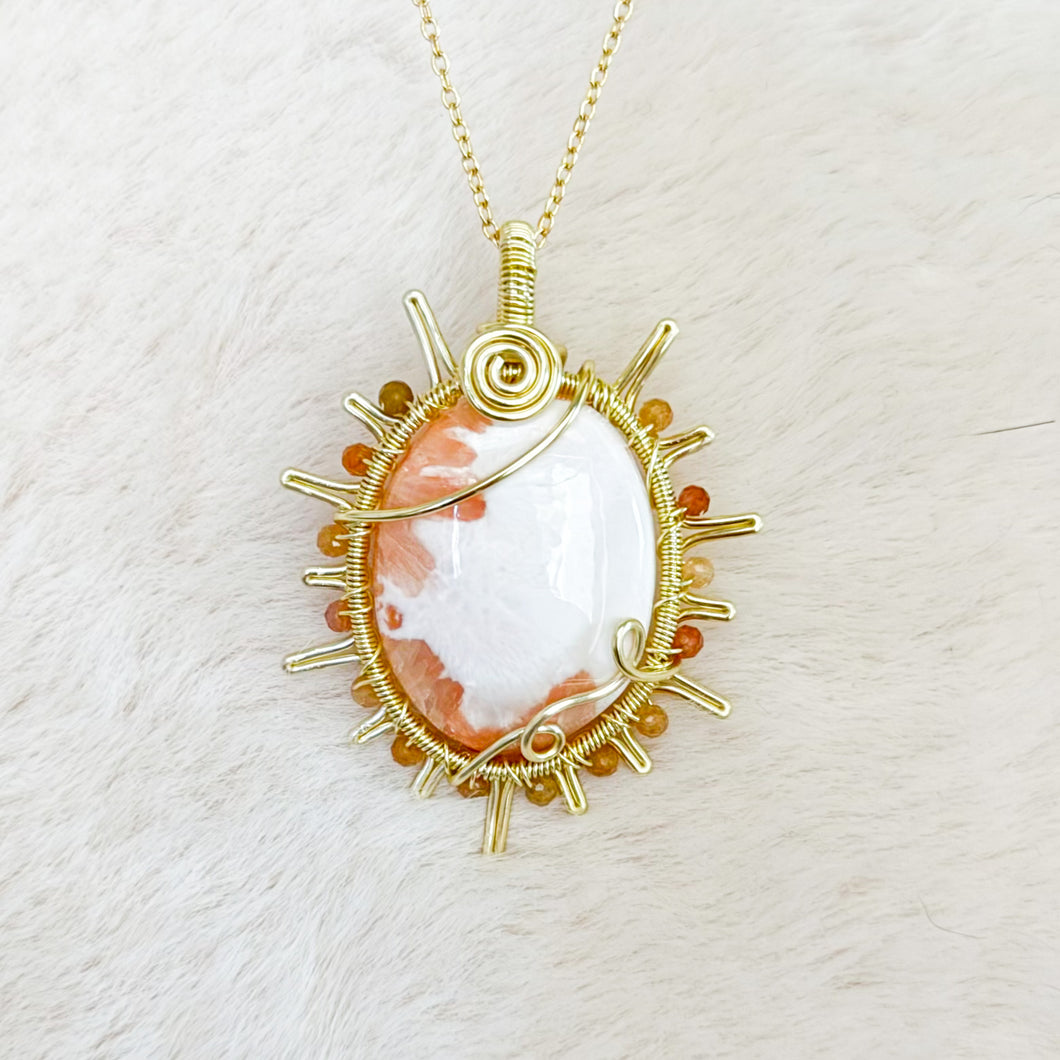 Scolecite x Orange Beaded Sun Pendant