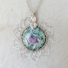 Load image into Gallery viewer, “Water Lilies” Opal x Ruby Fuchsite Sunflower Pendant
